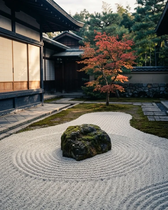 Raked gravel and stone in a Japanese dry garden